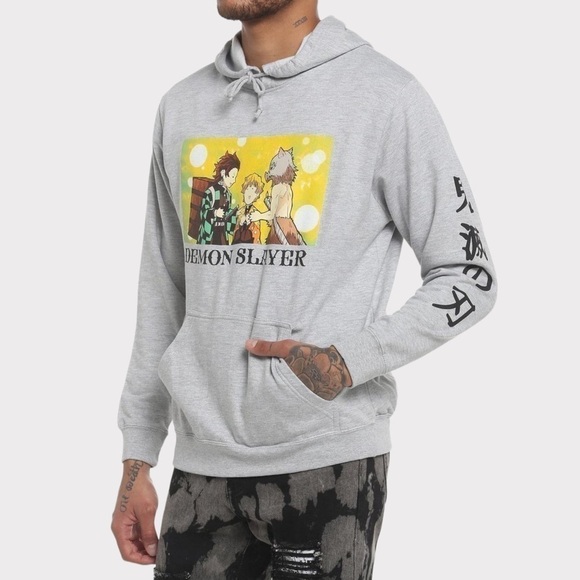 Hot Topic Demon Slayer Kimetsu No Yaiba Trio Hoodie Gray NWT - Picture 1 of 12